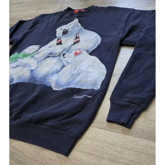 Vintage Coca-Cola Polar Bear Sweatshirt Medium Navy Crewneck 1995 90s - Picture 3 of 12